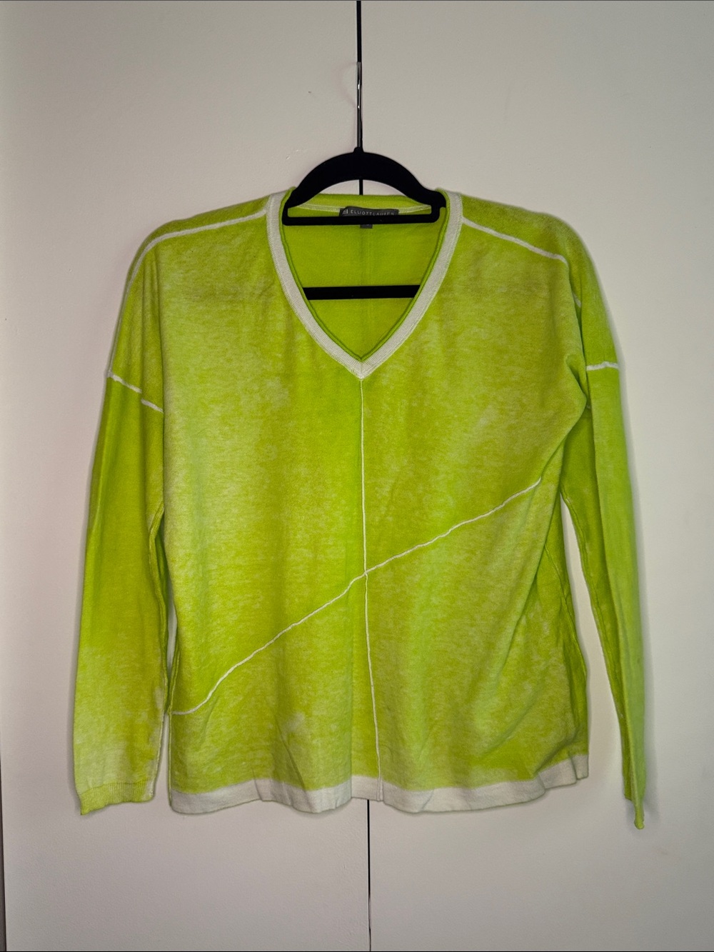 Elliott Lauren Neon Lime V-Neck Sweater with White Trim